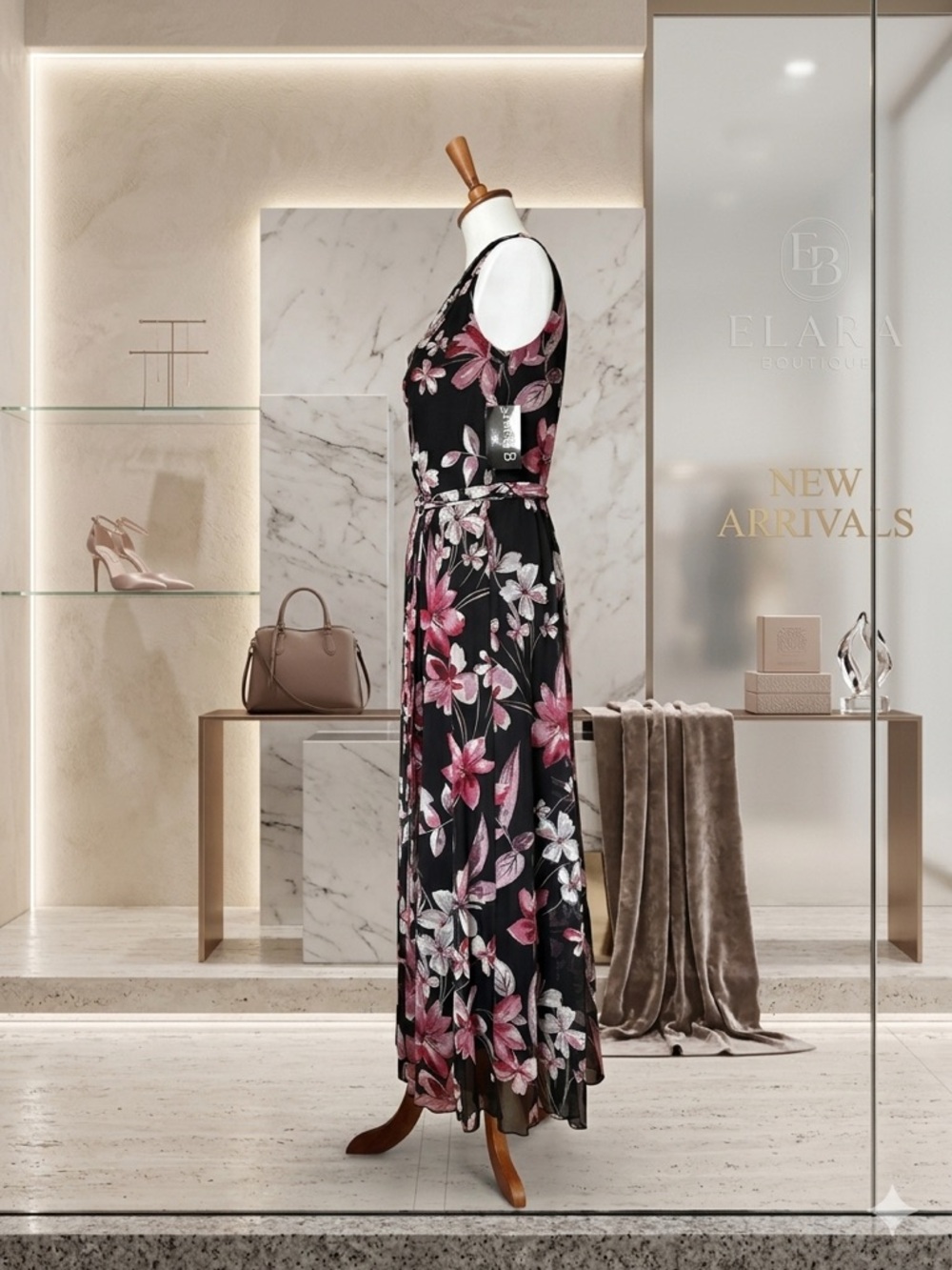 Alexa B. Nites Floral Mesh Maxi Dress Black Pink Petite 6P NWT - Picture 2 of 8